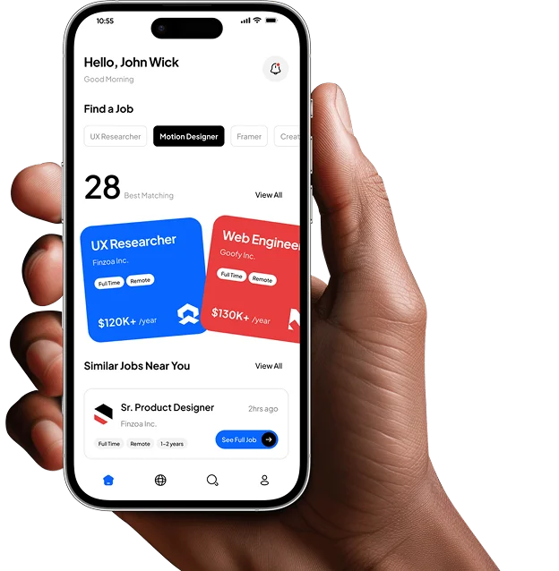 Job finder mobile application interface showcasing job search, career opportunities, and recruitment dashboard