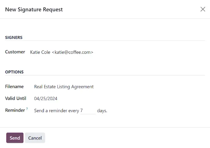 New signature request form with signer details, validity date, and reminder settings