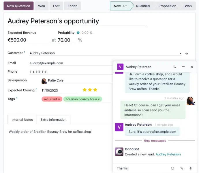 Odoo CRM opportunity created from live chat conversation