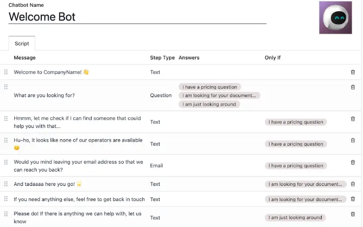 Automated chatbot workflow configured in Odoo Live Chat system