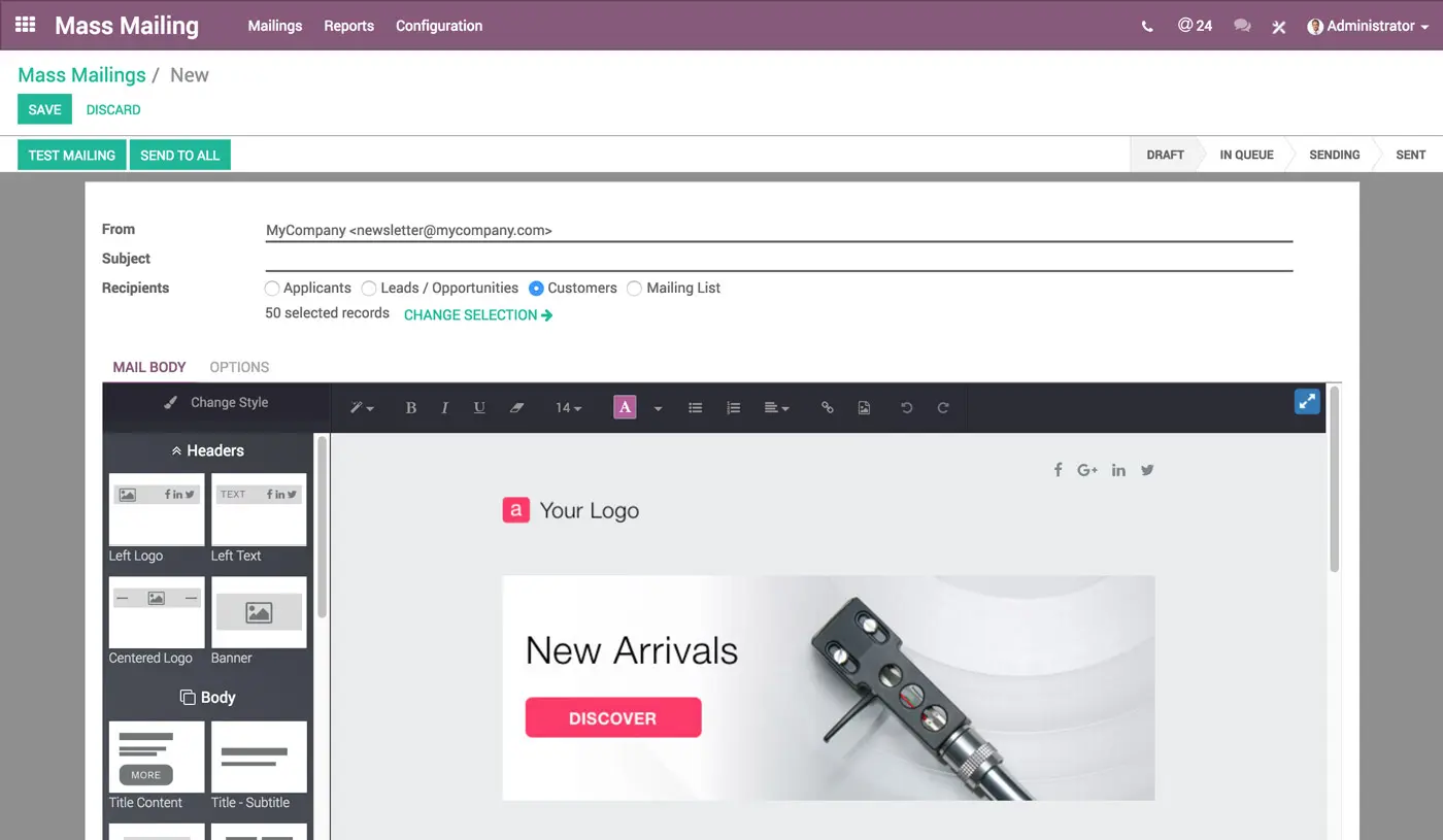 Odoo email marketing mass mailing editor with audience segmentation and campaign composer