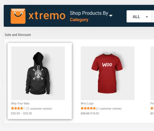 WooCommerce storefront displaying product listings and discounts
