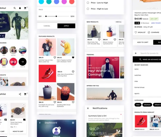 WooCommerce mobile app interface with product catalog and filters
