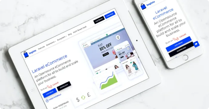 Laravel eCommerce platform displayed on tablet and mobile devices showing responsive design